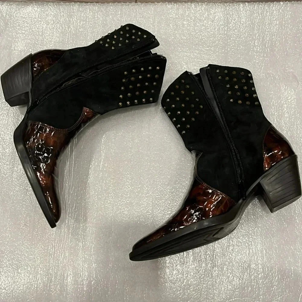 [US 7]Chicos Brown Patent Leather  /Black Suede Mixed Heeled Cowboy Boots-NWOT - Picture 7 of 7